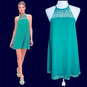 Lulus Tell Me Teal Swing Dress Caged Apron Neckline Cocktail Mini Women's Sz M